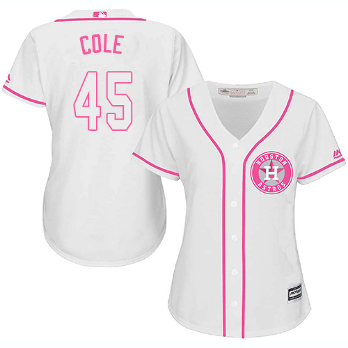 Astros #45 Gerrit Cole White/Pink Fashion Women's Stitched MLB Jersey - Click Image to Close